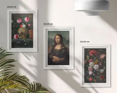 Gallery wall met vintage bloemen, schedel en Mona Lisa-portret van Leonardo da Vinci