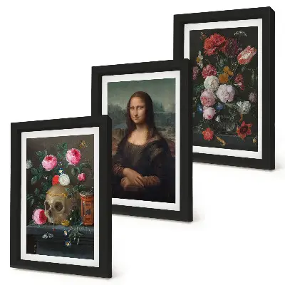 Gallery wall met vintage bloemen, schedel en Mona Lisa-portret van Leonardo da Vinci
