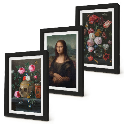 Gallery wall Vintage bloemen, schedel en Mona Lisa-portret van Leonardo da Vinci