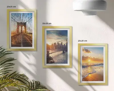 Set ingelijste schilderijen met stedelijk landschap, bruggen en zonsondergangen