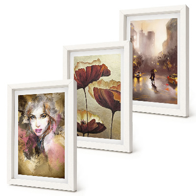 Set van ingelijste schilderijen Abstract portret van een vrouw, bloemen, stad in de regen