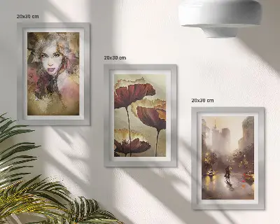 Set van ingelijste schilderijen abstract portret van een vrouw met bloemen en een stad in de regen