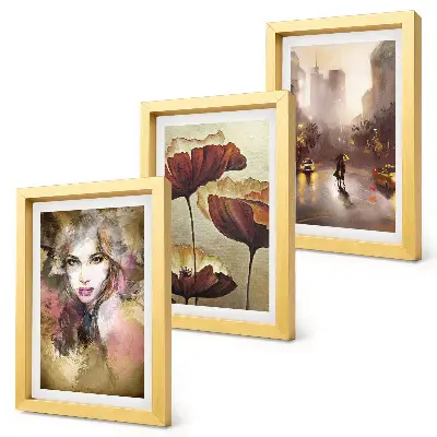 Set van ingelijste schilderijen abstract portret van een vrouw met bloemen en een stad in de regen