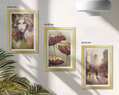 Set van ingelijste schilderijen abstract portret van een vrouw met bloemen en een stad in de regen