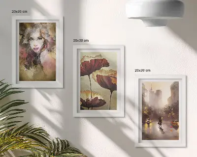 Set van ingelijste schilderijen abstract portret van een vrouw met bloemen en een stad in de regen