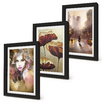 Set van ingelijste schilderijen Abstract portret van een vrouw, bloemen, stad in de regen