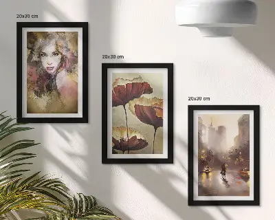 Set van ingelijste schilderijen abstract portret van een vrouw met bloemen en een stad in de regen