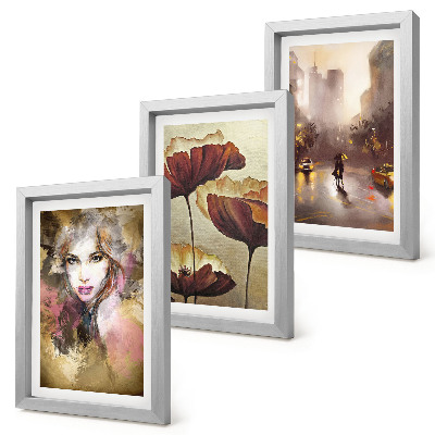 Set van ingelijste schilderijen Abstract portret van een vrouw, bloemen, stad in de regen