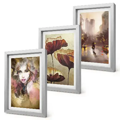 Set van ingelijste schilderijen abstract portret van een vrouw met bloemen en een stad in de regen