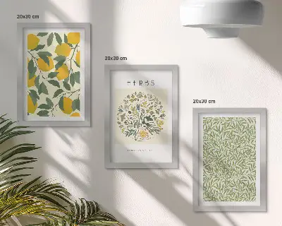 Set ingelijste schilderijen met citroenmotieven en botanische kruiden en bladeren