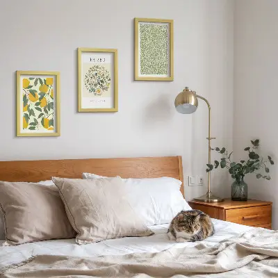 Set ingelijste schilderijen met citroenmotieven en botanische kruiden en bladeren