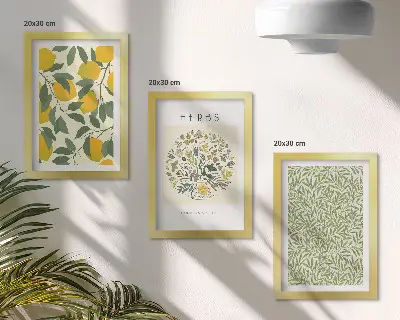 Set ingelijste schilderijen met citroenmotieven en botanische kruiden en bladeren