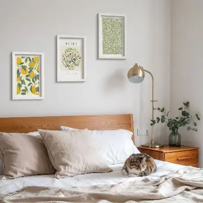 Set ingelijste schilderijen met citroenmotieven en botanische kruiden en bladeren