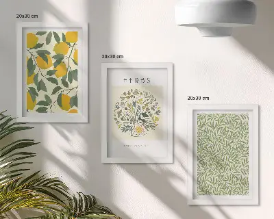 Set ingelijste schilderijen met citroenmotieven en botanische kruiden en bladeren