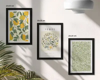Set ingelijste schilderijen met citroenmotieven en botanische kruiden en bladeren