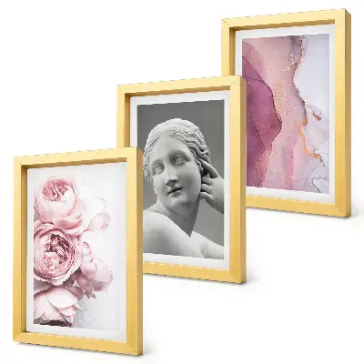 Set van ingelijste schilderijen met abstracte sculptuur van een romantische pioenroos en een vrouw
