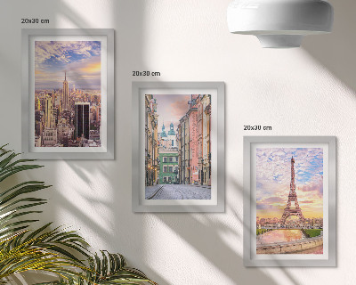 Gallery wall Uitzicht op de steden New York, Parijs en Warschau bij zonsondergang.