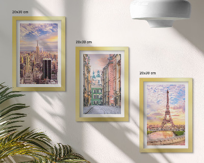 Gallery wall Uitzicht op de steden New York, Parijs en Warschau bij zonsondergang.