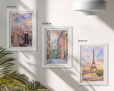 Gallery wall Uitzicht op de steden New York, Parijs en Warschau bij zonsondergang.