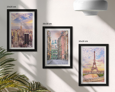 Gallery wall Uitzicht op de steden New York, Parijs en Warschau bij zonsondergang.