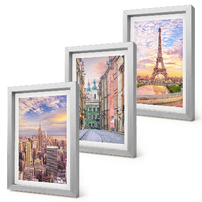 Gallery wall Uitzicht op de steden New York, Parijs en Warschau bij zonsondergang.