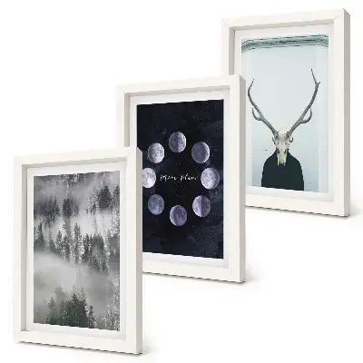 Gallery wall met boslandschap in de mist, maanfasen en hertenkop