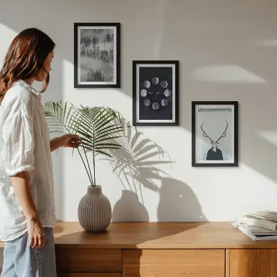 Gallery wall met boslandschap in de mist, maanfasen en hertenkop