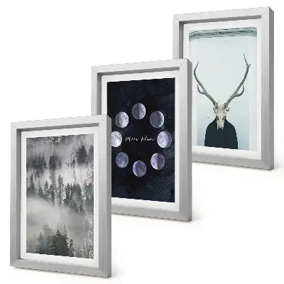 Gallery wall met boslandschap in de mist, maanfasen en hertenkop