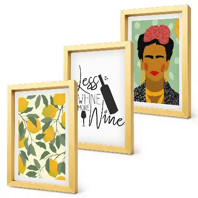 Set van ingelijste schilderijen wijnfles met citroenen en portret van Frida Kahlo