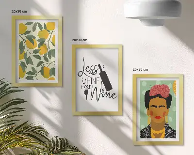 Set van ingelijste schilderijen wijnfles met citroenen en portret van Frida Kahlo