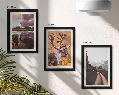 Gallery wall met berglandschappen, rendieren en een weg in de natuur
