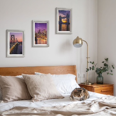 Set van ingelijste schilderijen Bruggen en stadsgezichten bij zonsondergang