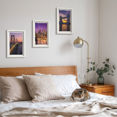 Set van ingelijste schilderijen Bruggen en stadsgezichten bij zonsondergang