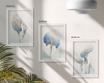 Set van ingelijste schilderijen Fijne blauwe bloemen op een lichte achtergrond