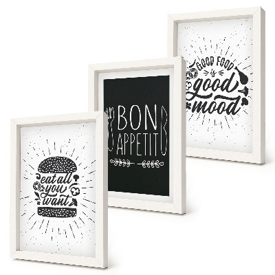 Set van ingelijste schilderijen Afbeeldingen met slogans over eten en koken.