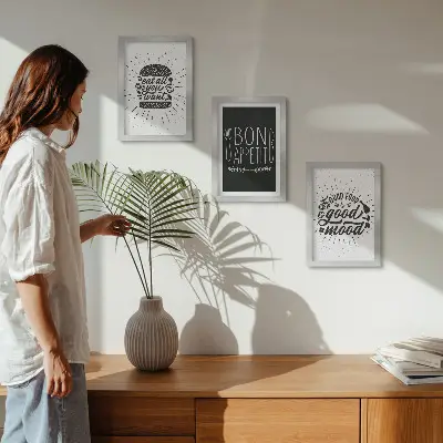 Set ingelijste schilderijen met slogans over eten en koken