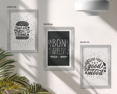 Set van ingelijste schilderijen Afbeeldingen met slogans over eten en koken.