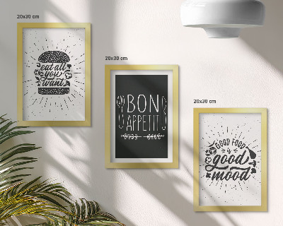 Set van ingelijste schilderijen Afbeeldingen met slogans over eten en koken.