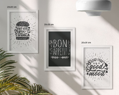 Set van ingelijste schilderijen Afbeeldingen met slogans over eten en koken.