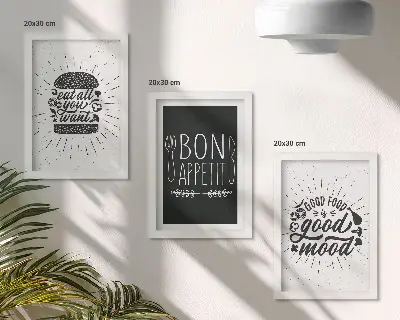 Set ingelijste schilderijen met slogans over eten en koken