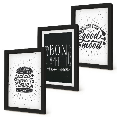Set van ingelijste schilderijen Afbeeldingen met slogans over eten en koken.