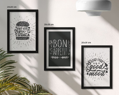 Set van ingelijste schilderijen Afbeeldingen met slogans over eten en koken.