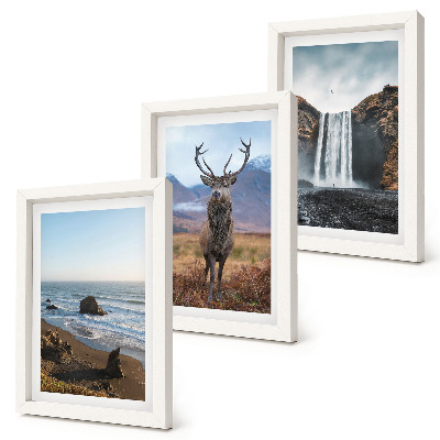 Gallery wall Berglandschap met een waterval, een hert en een strand.