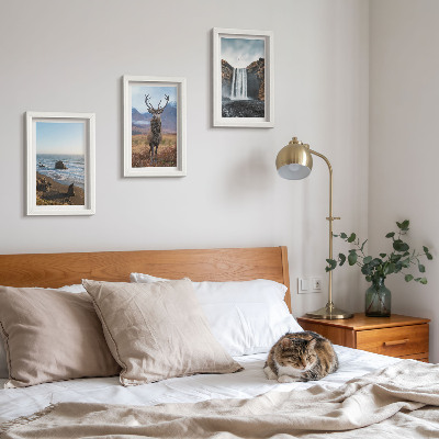 Gallery wall Berglandschap met een waterval, een hert en een strand.