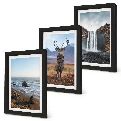 Gallery wall Berglandschap met een waterval, een hert en een strand.