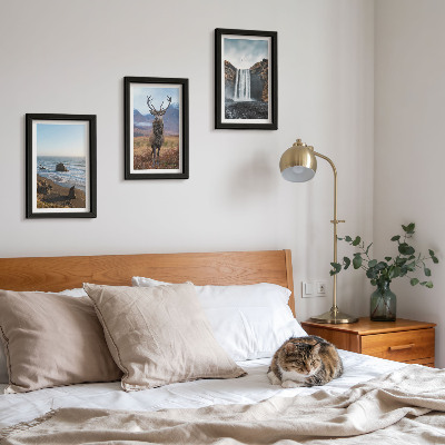 Gallery wall Berglandschap met een waterval, een hert en een strand.