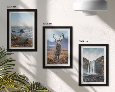 Gallery wall Berglandschap met een waterval, een hert en een strand.