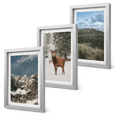 Set van ingelijste schilderijen Besneeuwde bergen, herten in het bos, landschappen