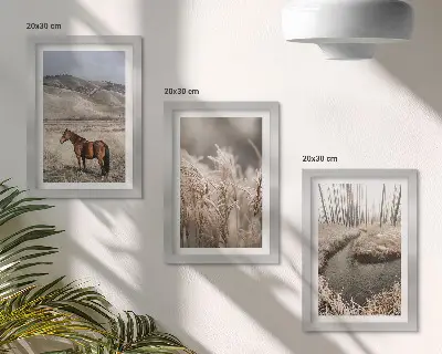 Gallery wall paarden in een landschap met grassen en een winterse beek