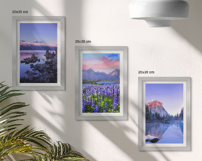 Set van ingelijste schilderijen Berglandschappen met water, lucht en een bloemenveld